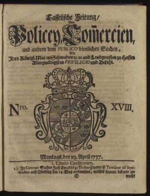 Nro. XVIII, Montags, den 29. April 1737