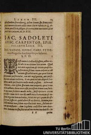 Iac. Sadoleti Episc. Carpentor. Epistolarum Liber III. Iac. Sadol. Episc. Carp. Federico Fregosio Archiepiscopo Salerni. S.P.D.