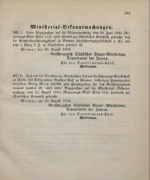 87. Ministerial-Bekanntmachung, den Wechsel in der Hauptagentur der Berlinischen Lebens-Versicherungs-Gesellschaft betreffend