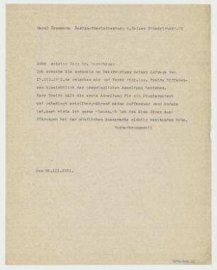 Brief und Briefentwurf von Raoul Hausmann an Fritz Warschauer. Berlin