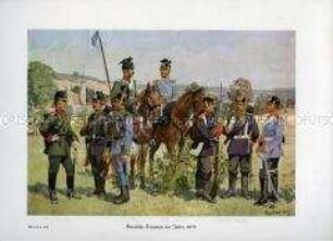 Uniformdarstellung, Jäger, Ulanen, Infanteristen und Dragoner verschiedener deutscher Staaten, 1870.