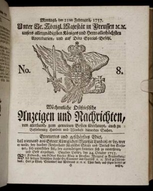 No. 8. Montags, den 21ten Februarii, 1757.