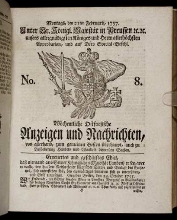 No. 8. Montags, den 21ten Februarii, 1757.