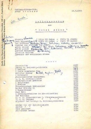 Rollenauszug, mit handschriftlichen Ergänzungen von Artur Brauner