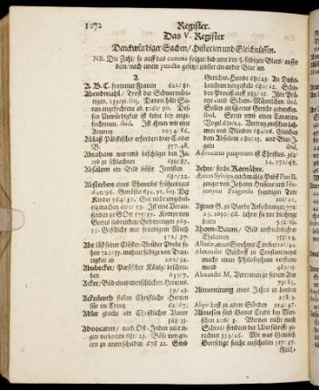 Das V. Register Denckwürdiger Sachen/ Historien und Gleichnüssen.