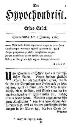 Erstes Stück. Sonnabends, den 2 Januar, 1762.