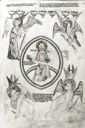 13. Christus vertreibt die Wechsler aus dem Tempel & 13 a. Darius erlaubt den Juden Wiederaufbau des Tempels (Maiestas domini) : 13. Christus vertreibt die Wechsler aus dem Tempel & 13 a. Darius erlaubt den Juden Wiederaufbau des Tempels (Maiestas domini). Illustration zu "Biblia pauperum und Apokalypsis", fol. 13r. Feder, koloriert, Pergament, 48,0 x 33,0 cm. Erfurt, um 1350. Klassik Stiftung Weimar, Herzogin Anna Amalia Bibliothek Fol.max.4