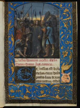 Vollbordürenseite mit Miniatur (Gefangennahme Christi), Initiale E und bewohnter Blattrankenbordüre