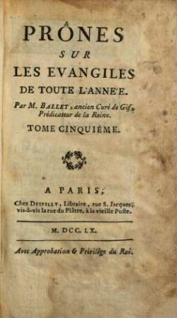 Prônes sur les Evangiles de toute l'année, 5