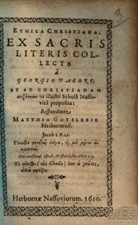 Ethica Christiana, Ex Sacris Literis Collecta