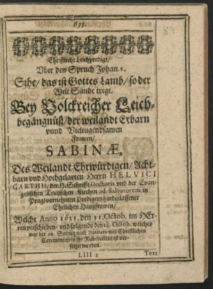 Christliche Leichpredigt ... Frawen Sabinae, Des Weiland Ehrwürdigen ... Herrn Helvici Garthii ... hinterlassener Ehelichen Haußfrawen ...