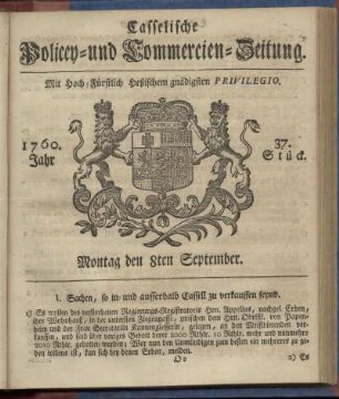 37. Stueck, Montag den 8ten September 1760