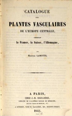 Catalogue des plantes vasculaires de l'Europe centrale, comprenant la France, la Suisse, l'Allemagne