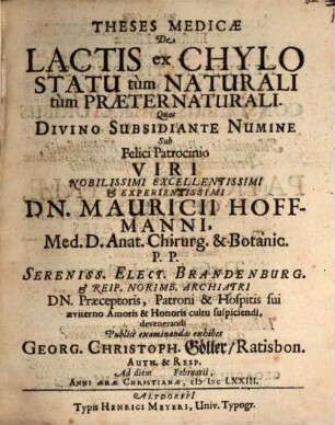 Theses Medicae De Lactis ex Chylo Statu tum Naturali tum Praeternaturali