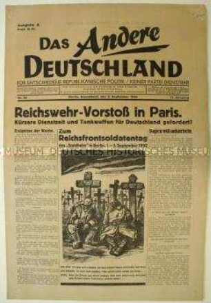 Pazifistische Wochenzeitung "Das Andere Deutschland" mit einer Karikatur auf den "Reichsfrontsoldatentag"