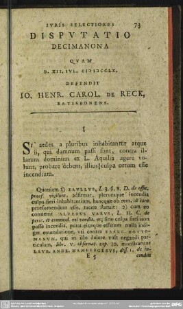 Disputatio Decimanona Quam D. XII. Iul. MDCCLX. Defendit Io. Henr. Carol. De Reck, Ratisbonens