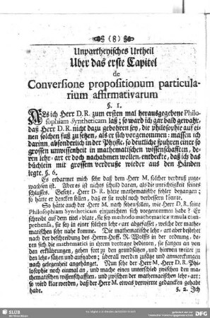 Unpartheyisches Urtheil Uber das erste Capitel de Conversione propositionum particularium affirmativarum