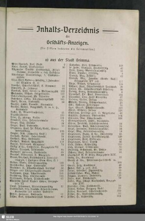Inhalts-Verzeichnis der Geschäfts-Anzeigen