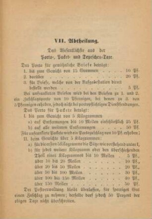 VII. Abtheilung. Das Wesentliche aus der Porto-, Packet- und Depeschen-Taxe.