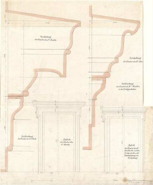Gärtner, Friedrich von; Athen (Griechenland); Königliche Residenz (Athener Schloss) - Fenster 1. OG (Aufriss); Fenster EG u. 2. OG (Aufriss); Verdachung 1. OG u. 2. OG (Details) Verkleidung EG (Detail); Verkleidung EG u. 2. OG (Detail)