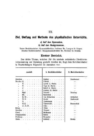 Ziel, Umfang und Methode des physikalischen Unterrichts : [Erster Bericht]