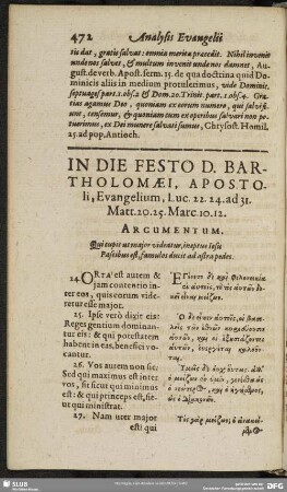 In Die Festo D. Bartholomaei, Apostoli, Evangelium, Luc. 22. 24. ad 31. Matt. 20. 25. Marc. 10. 12.