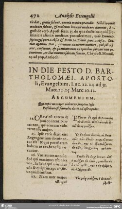 In Die Festo D. Bartholomaei, Apostoli, Evangelium, Luc. 22. 24. ad 31. Matt. 20. 25. Marc. 10. 12.
