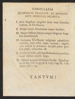 Corollaria Quaedam Ex Tractatu : De Angelicis Ante Angelicos, Decerpta: