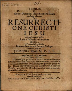 Actum oratorium scholasticum paschalem vicesimum octavum de resurrectione Christi Jesu