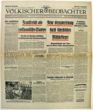 Tageszeitung "Völkischer Beobachter" u.a. zu einer angeblichen Grenzverletzung durch tschechoslowakische Flugzeuge und zum Spanischen Bürgerkrieg