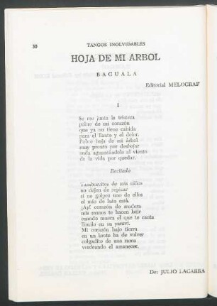 Hoja de mi árbol : Baguala. - Editorial Melograf