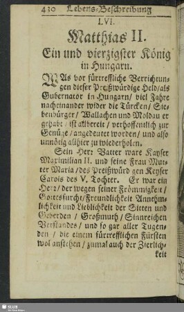 LVI. Matthias II. Ein und vierzigster König in Hungarn