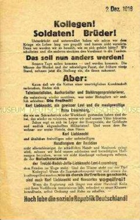 Propagandaflugblatt mit einem Aufruf zum Kampf gegen die Spartakisten