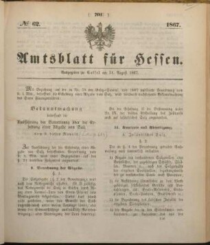 № 62. Ausgegeben zu Cassel am 31. August 1867.