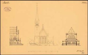Kaiser-Friedrich-Gedächtnis-Kirche, Berlin-Tiergarten 4. Projekt: Rückansicht, Querschnitt, Teillängsschnitt