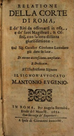 Relatione della corte di Roma, [5]. (1654)