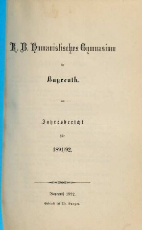 Jahresbericht : für das Schuljahr ... 1891/92