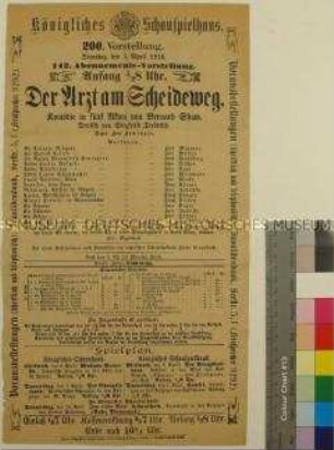 Theaterzettel des Königlichen Schauspielhauses Dresden für eine Aufführung des Stücks "Der Arzt am Scheideweg" von George Bernard Shaw am 5. April 1910