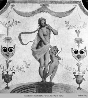 Deckendekoration : Deckenstreifen mit dem Wappen der Strozzi und der Bandini, reitenden Brautleuten und einem Fries mit den Geschichten des Adonis und des Perseus