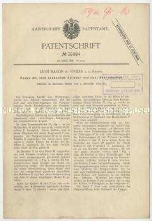 Patentschrift einer Pumpe mit sich drehendem Zylinder und zwei Röhrenkolben, Patent-Nr. 35884