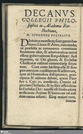 Decanus Collegii Philosophici in Academia Rostochiana, M. Iohannes Posselius