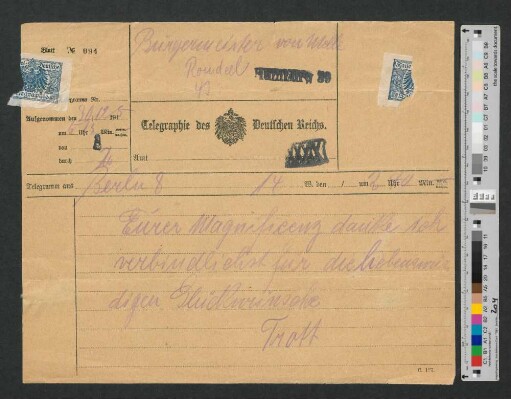 Telegramm an Werner von Melle