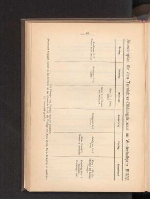 Stundenplan für den Turnlehrer-Bildungskursus im Winterhalbjahr 1911/1912.