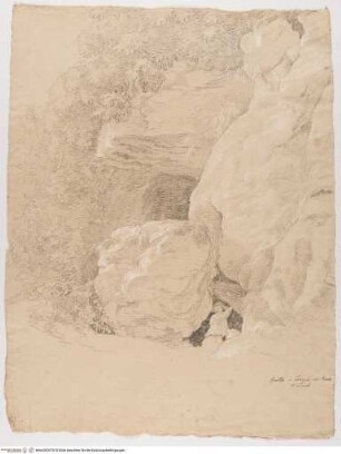 Felsformation und darin Höhle mit einer Figur (Grotta di Nettuno in Tivoli?)