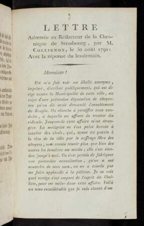 Lettre Adressée au Rédacteur de la Chronique de Strasbourg