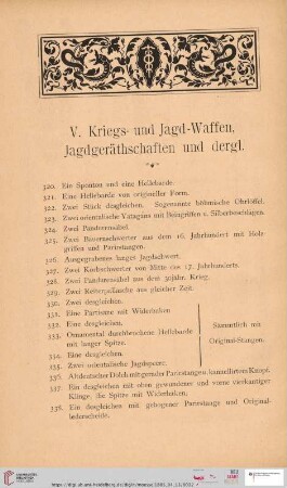 V. Kriegs- und Jagd-Waffen, Jagdgeräthschaften und dergl. (Nr. 320-530)