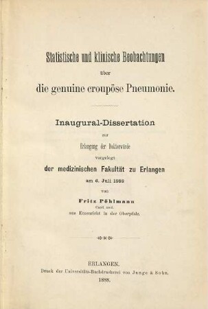 Statistische und klinische Beobachtungen über die genuine croupöse Pneumonie