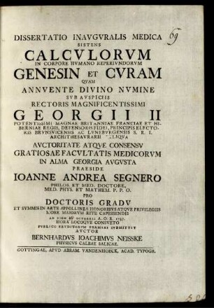 Dissertatio Inauguralis Medica Sistens Calculorum In Corpore Humano Reperiundorum Genesin Et Curam