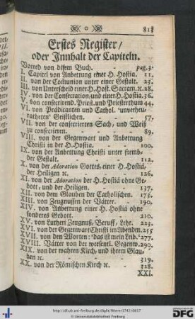Erstes Register oder Innhalt der Capiteln.