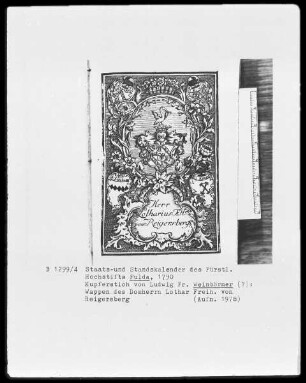 Des Fürstlichen Hochstifts Fulda Staats-und Standskalender auf das Jahr 1790 — Wappen des Domherrn Lothar Freiherr von Reigersberg